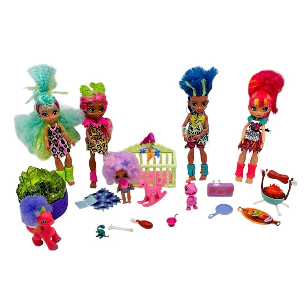 Mattel Cave Club Dolls &‎ Accessories Lot Crib Baby Furrah Dino Food Prehistoric